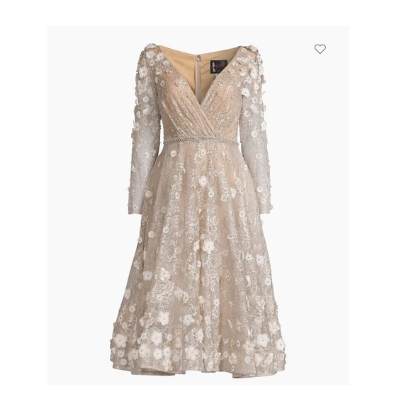 Mac Duggal Beige Blush Evening V Neck 3D Floral Lace A-Line Dress Size 6 NWT - Picture 4 of 14